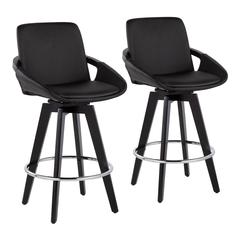 Black Wood, Chrome, Black PU Cosmo Swivel Fixed-Height Counter Stool - Set of 2