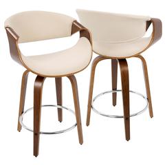 Walnut Wood, Cream Fabric, Chrome Curvini 24'' Counter Stool - Set of 2