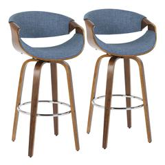 Walnut Wood, Blue Fabric, Chrome Curvini 30'' Barstool - Set of 2