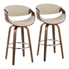 Walnut Wood, Cream Fabric, Chrome Curvini 30'' Fixed Height Barstool - Set of 2