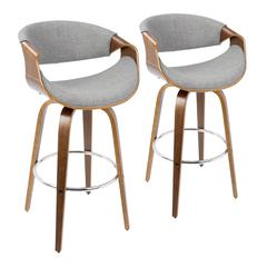 Walnut Wood, Grey Fabric, Chrome Curvini 30'' Fixed Height Barstool - Set of 2