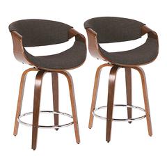 Walnut Wood, Charcoal Fabric, Chrome Curvini 24'' Counter Stool - Set of 2