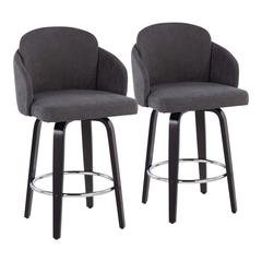 Black Wood, Grey Fabric, Chrome Dahlia Counter Stool - Set of 2