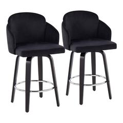 Black Wood, Black Velvet, Chrome, Gold Metal Dahlia Counter Stool - Set of 2