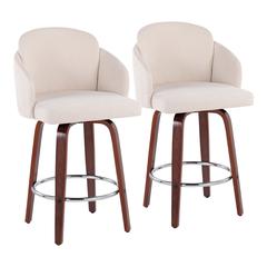Walnut Wood, Cream Fabric, Chrome Dahlia Counter Stool - Set of 2