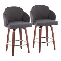 Walnut Wood, Grey Fabric, Chrome Dahlia Counter Stool - Set of 2