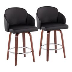 Walnut Wood, Black PU, Chrome Dahlia Counter Stool - Set of 2
