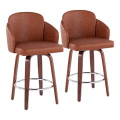 Walnut Wood, Camel PU, Chrome Dahlia Counter Stool - Set of 2