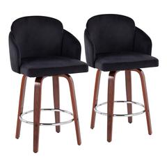 Walnut Wood, Black Velvet, Chrome, Gold Metal Dahlia Counter Stool - Set of 2