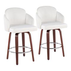Walnut Wood, Cream Velvet, Chrome, Gold Metal Dahlia Counter Stool - Set of 2