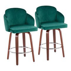 Walnut Wood, Green Velvet, Chrome, Gold Metal Dahlia Counter Stool - Set of 2