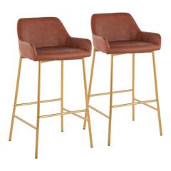Gold Metal, Camel PU Daniella Fixed-Height Bar Stool - Set of 2