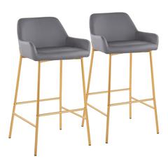 Gold Metal, Grey PU Daniella Fixed-Height Bar Stool - Set of 2
