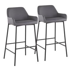 Black Metal, Grey PU Daniella Fixed-Height Bar Stool - Set of 2