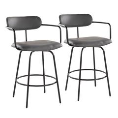 Black Metal , Grey PU Demi 26" Fixed-Height Counter Stool - Set of 2
