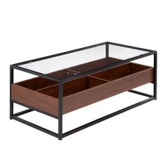 Black Steel, Walnut Wood, Clear Glass Display Coffee Table