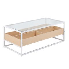 White Steel, Natural Wood, Clear Glass Display Coffee Table