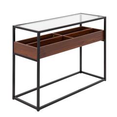 Black Steel, Walnut Wood, Clear Glass Display Console Table