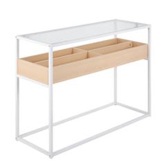White Steel, Natural Wood, Clear Glass Display Console Table
