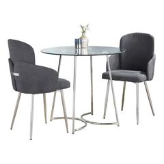Chrome Metal, Clear Glass, Grey Fabric Cece-Dahlia Dining Set - 3 Piece