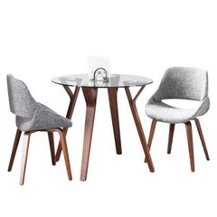 Walnut Wood, Clear Glass, Grey Fabric Folia Round Fabrico Dining Set - 3 Piece