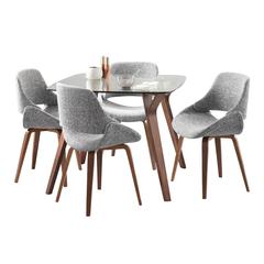 Walnut Wood, Clear Glass, Grey Fabric Folia Square Fabrico Dining Set - 5 Piece