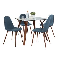 Walnut Wood, Clear Glass, Grey Fabric Folia Square Pebble Dining Set - 5 Piece