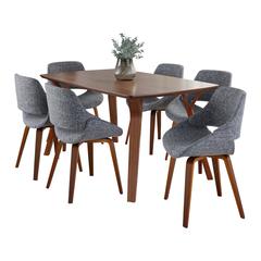 Walnut Wood, Grey Noise Fabric Folia Fabrico Dining Set - 7 Piece