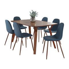Walnut Wood, Walnut Metal, Blue Fabric Folia Pebble Dining Set - 7 Piece