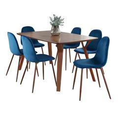 Walnut Wood, Walnut Metal, Blue Velvet Folia Pebble Dining Set - 7 Piece