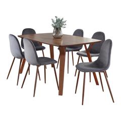 Walnut Wood, Walnut Metal, Grey Velvet Folia Pebble Dining Set - 7 Piece