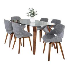 Walnut Wood, Clear Glass, Grey Fabric Folia Fabrico Dining Set - 7 Piece