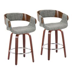 Walnut Wood, Grey Noise Fabric, Chrome Elisa Counter Stool - Set of 2