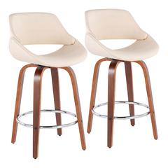 Walnut Wood, Cream PU, Chrome Fabrico Fixed-Height Counter Stool - Set of 2
