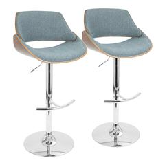 Chrome, Walnut Wood, Blue Fabric Fabrizzi Adjustable Barstool - Set of 2
