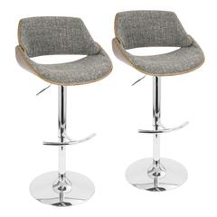 Chrome, Walnut Wood, Grey Noise Fabric Fabrizzi Adjustable Barstool - Set of 2