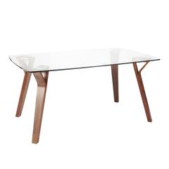 Folia Mid-Century Modern Dining Table in Walnut Wood with Clear Tempered Glass