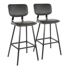 Black Metal, Grey PU, Grey Zig Zag Stitching Foundry Barstool - Set of 2
