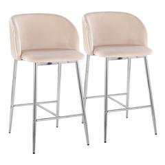 Chrome Metal, White Velvet Fran Pleated Fixed-Height Counter Stool - Set of 2