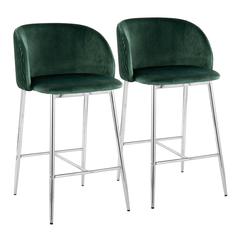 Chrome Metal, Green Velvet Fran Pleated Fixed-Height Counter Stool - Set of 2