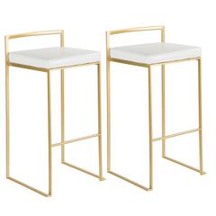 Fuji Contemporary-Glam Barstool in Gold with White Faux Leather - Set of 2