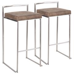 Stainless Steel, Brown Cowboy Fabric Fuji Stacker Barstool - Set of 2