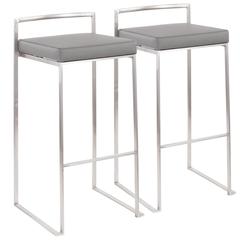 Brushed Stainless Steel, Grey PU Fuji Stacker Barstool - Set of 2