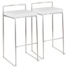 Brushed Stainless Steel, White Velvet Fuji Stacker Barstool - Set of 2