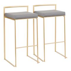 Gold Metal, Grey PU Fuji Stacker Barstool - Set of 2