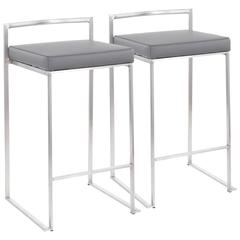 Brushed Stainless Steel, Grey PU Fuji Stacker Counter Stool - Set of 2