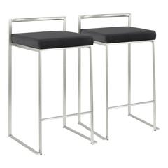 Brushed Stainless Steel, Black Velvet Fuji Stacker Counter Stool - Set of 2