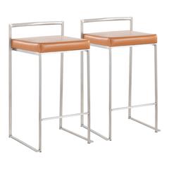 Brushed Stainless Steel, Camel Pu Fuji Stacker Counter Stool - Set of 2