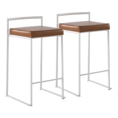 White Steel, Camel Pu Fuji Stacker Counter Stool - Set of 2