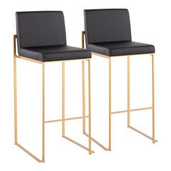 Gold Steel, Black PU Fuji High Back Barstool - Set of 2